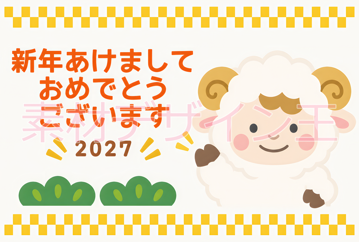 2027年の年賀状は可愛いデザインで！未年の被り物・着ぐるみの男の子イラストのテンプレート！