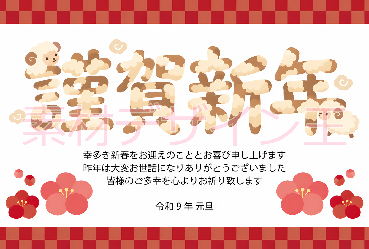 無料！2027年の可愛い年賀状！横書きで「謹賀新年」と書かれたイラスト！未年用！