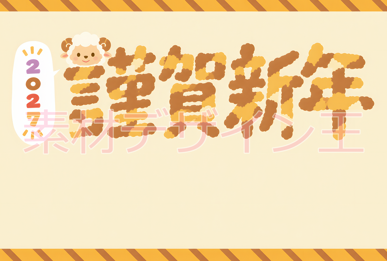 イラストテンプレート！令和9年の和風デザイン年賀状！干支の羊が可愛い！横書きの謹賀新年の文字有！
