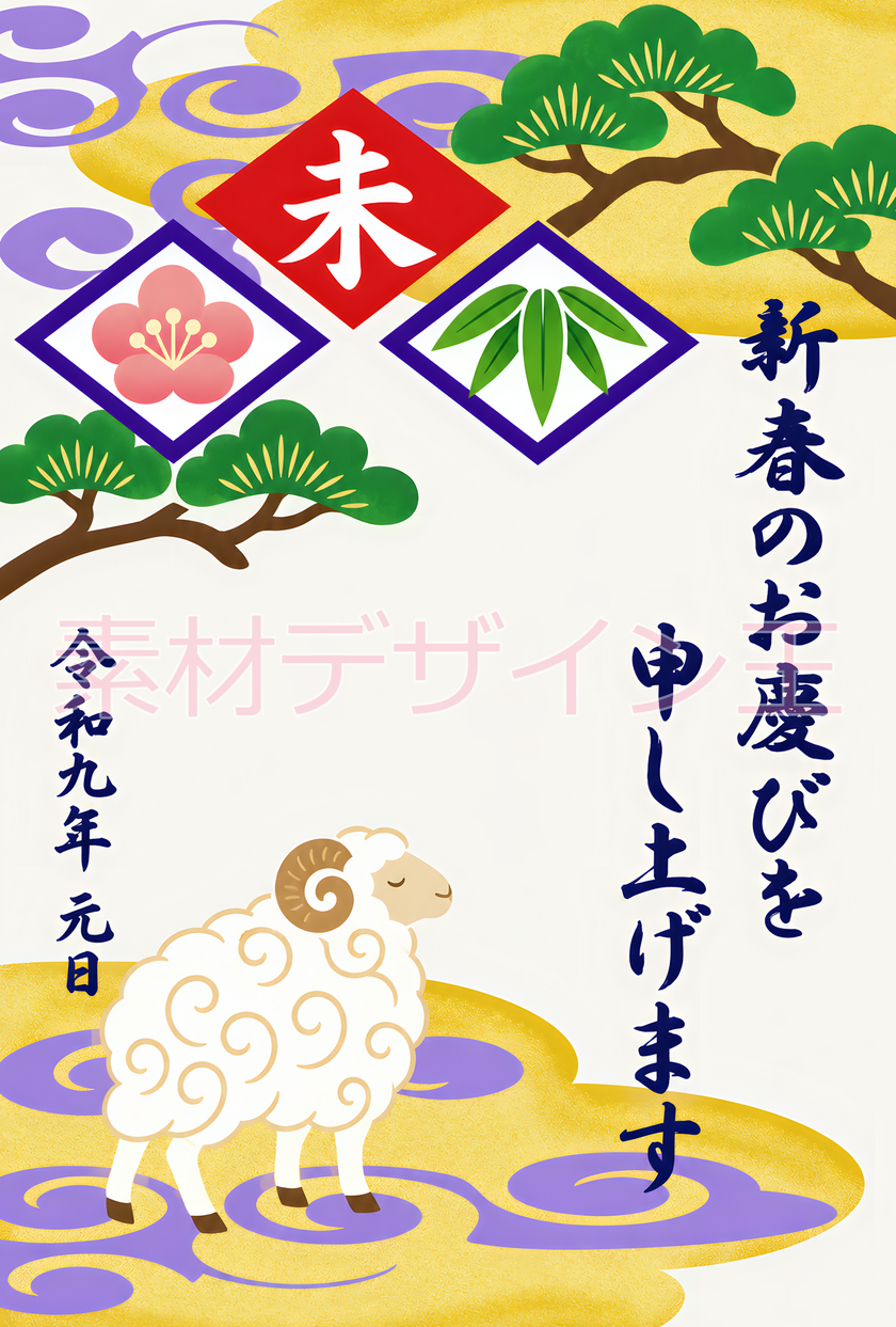 無料イラスト！松竹梅がレトロ！干支の羊が可愛い！2027年の年賀状におすすめ！